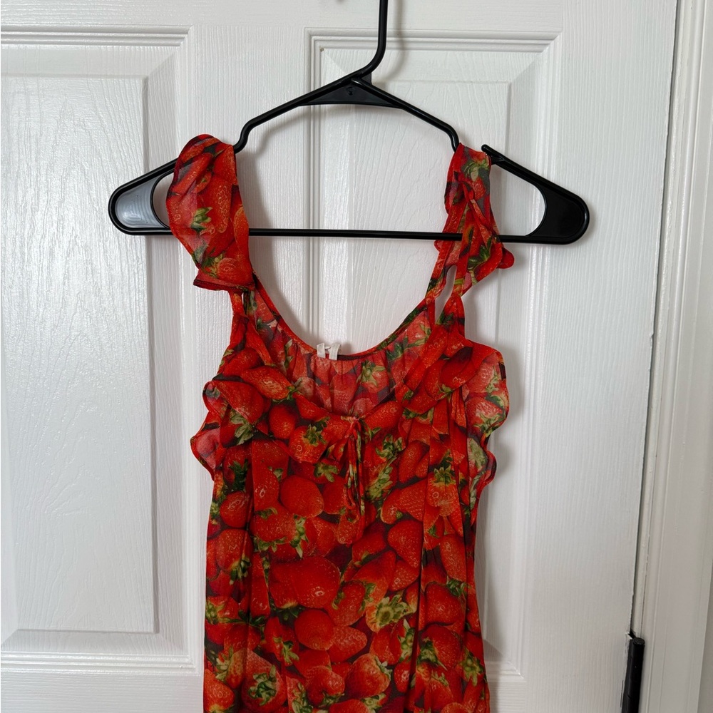 Anthropologie Red Strawberry Pattern Sheer Tank Top
